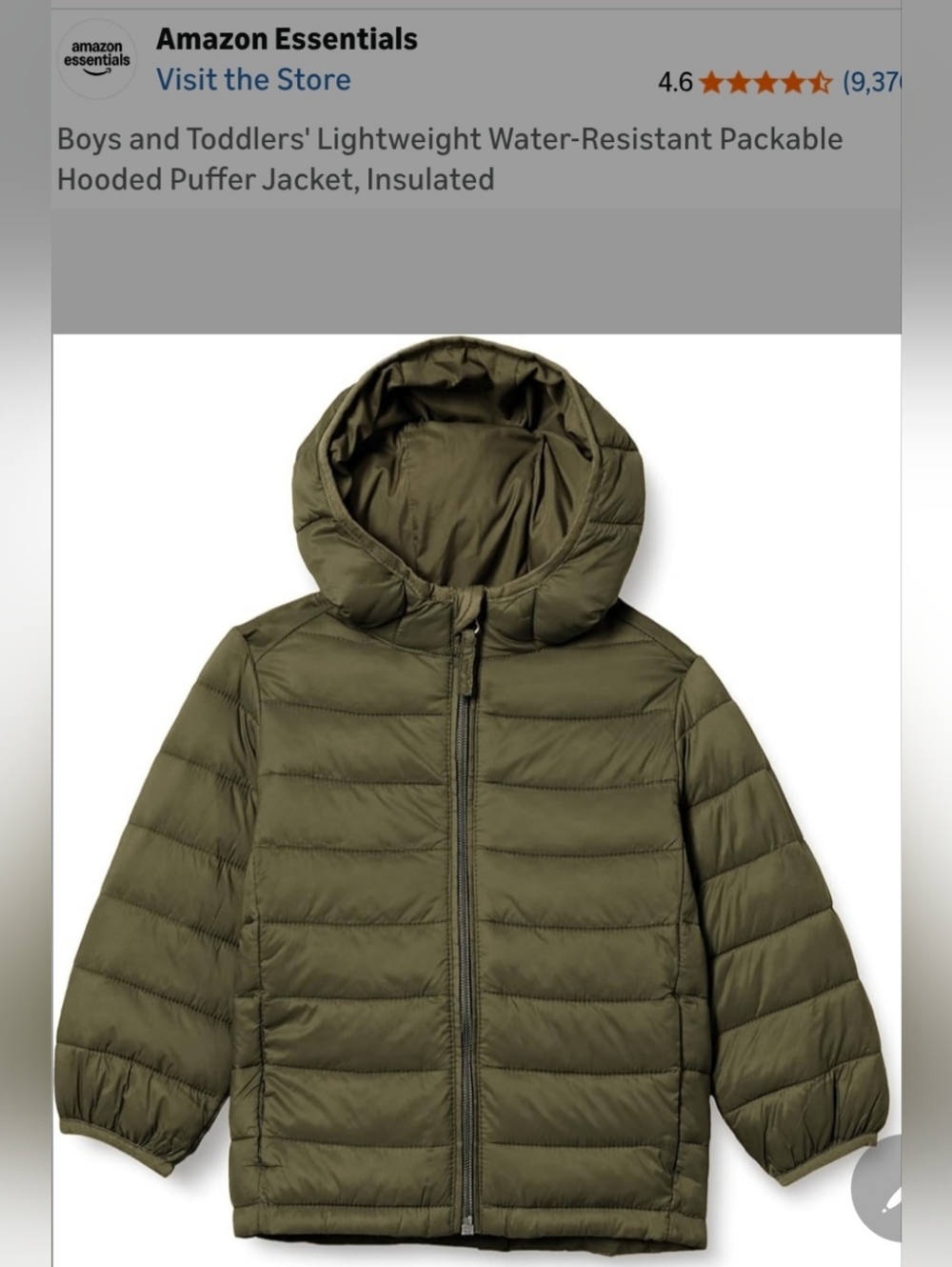 Amazon Essentials Olive Quilted Toddler Puffer Spring Jacket